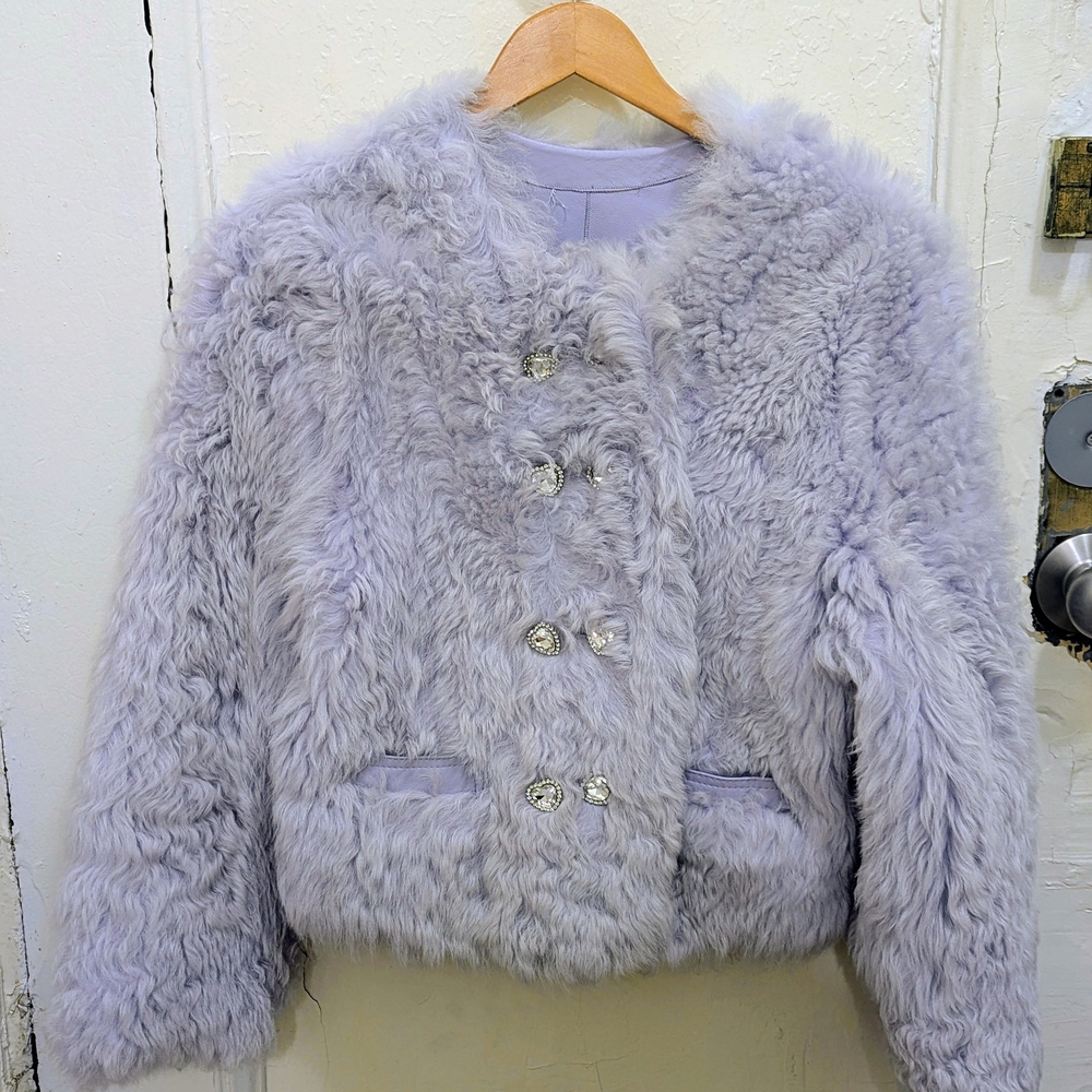 Lilac Purple Sheepskin Fur Leather Double Breasted Boxy Coat